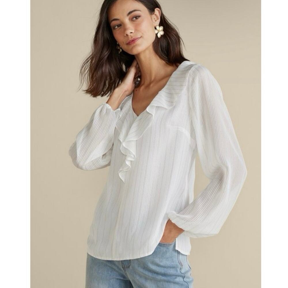 Soft Surroundings White Ruffled V-Neck Long-Sleeve Blouse